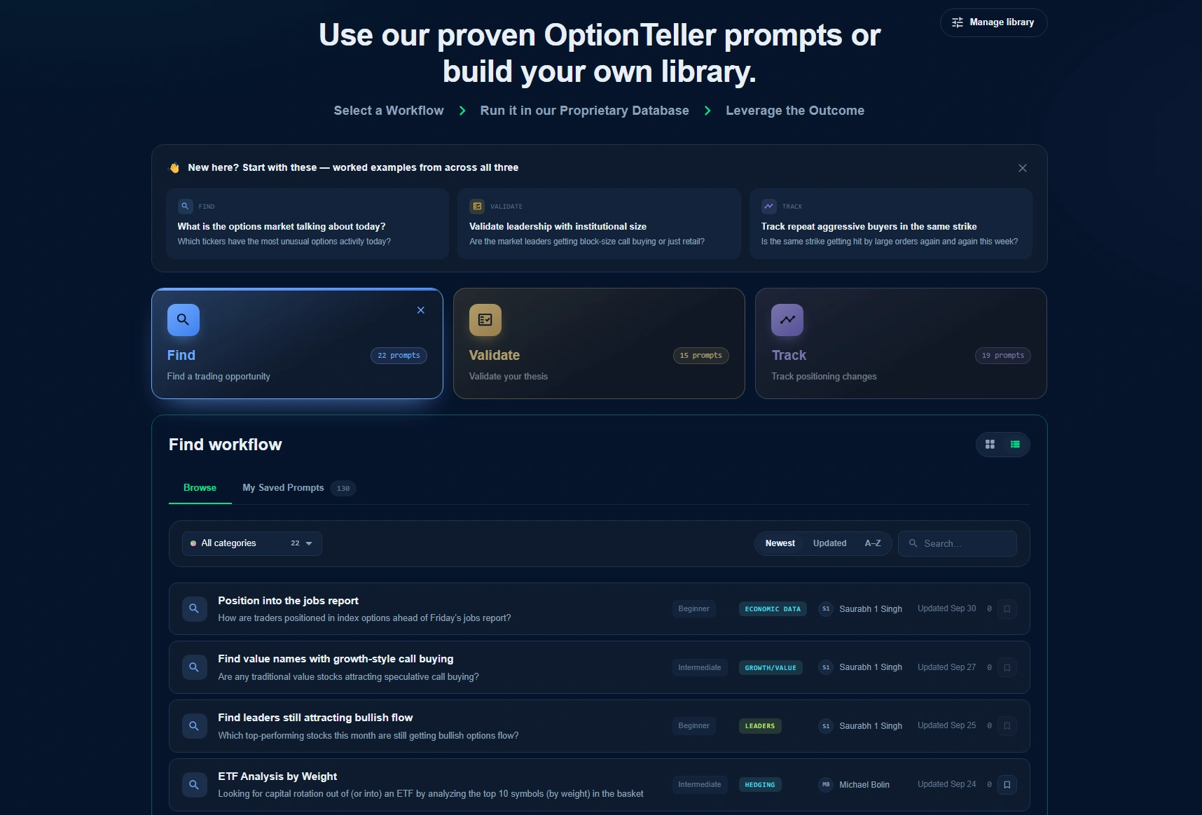 OptionTeller Find workflows with prepared questions about unusual activity, growth-style call buying, and bullish flow.