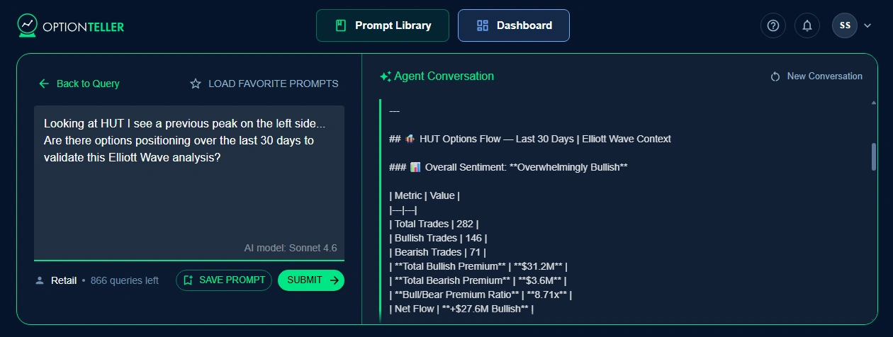 OptionTeller interface showing the supplied HUT chart question and its AI response summarizing options flow over the last 30 days.